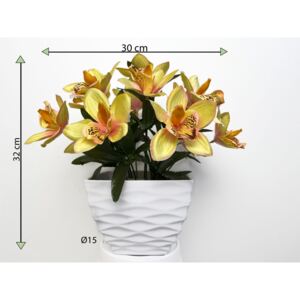 Umělá květina - orchidej v květináči - žlutá, 32 cm