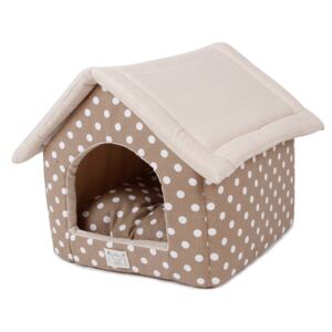 Puntíkatý domeček pro psy - 41x39x41 cm (Látkový béžový domek pro psy o velikosti 41x39 cm. Vnitřní polštář je vyndavatelný. Domek má pevnou a stabilní konstrukci. Střecha je sundavací na zip. Domek je snadno pratelný.)