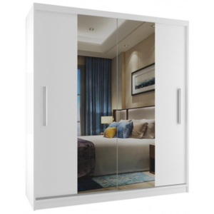 Bílá šatní skříň se středovým zrcadlem a posuvnými dveřmi šířka 133 cm - Bez dojezdu