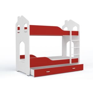 Patrová postel DOMINIK DOMEK s úložným prostorem, Červená