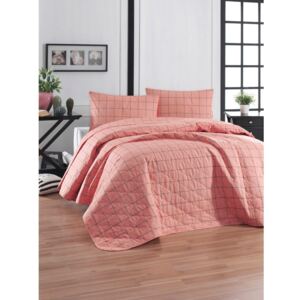 Růžový přehoz přes postel s povlakem na polštář z ranforce bavlny EnLora Home Piga, 180 x 225 cm