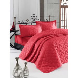 Červený přehoz přes postel s povlakem na polštář z ranforce bavlny EnLora Home Fresh, 180 x 225 cm