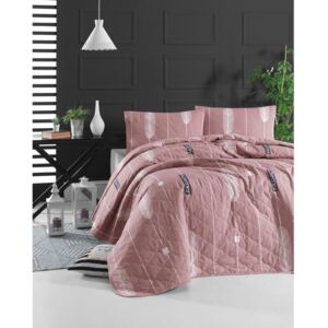 Růžový přehoz přes postel se 2 povlaky na polštář z ranforce bavlny EnLora Home Modena, 225 x 240 cm