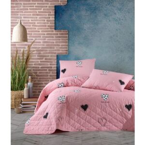 Růžový přehoz přes postel se 2 povlaky na polštář z ranforce bavlny EnLora Home Hati, 225 x 240 cm