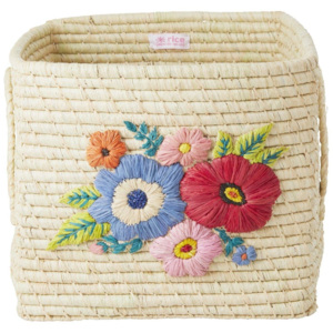 Čtvercový košík z rafie Hand Embroidered Flowers Natural