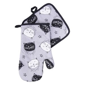 Kuchyňský set rukavice/chňapka BLACK CAT, šedá, 18x30 cm/20X20 cm ESSEX, 100% bavlna