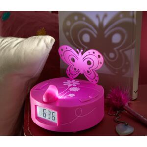 Budík pro děti „Stínohra“, růžový s motýlem