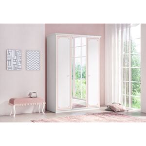 Třídveřová šatní skříň se zrcadlem Betty - bílá/růžová