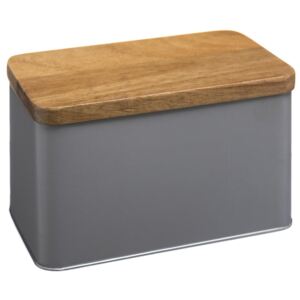 Hranatá plechovka šedé barvy s dřevěným víkem, univerzální nádoba na úschovu