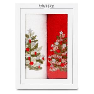 Dárkový set 2 ručníků vánoční stromečky- červená/bílá