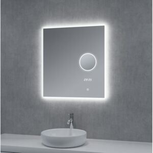 Zrcadlo s LED osvětlením kosmetickým zrcátkem a hodinami, 600 x 650 mm