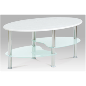 Konferenční stolek OVALE – nerez, sklo, bílá, 90×55×42