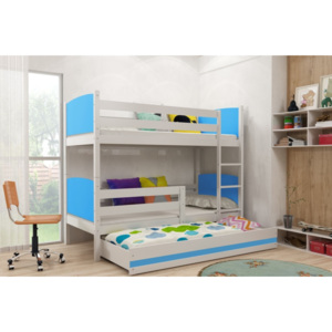 Dětská patrová postel s přistýlkou v kombinaci bílé a modré barvy F1381