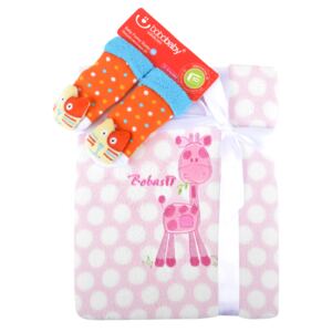Dětská deka s aplikací LUCKA s dárkem růžová - žirafka - B 76x102 cm Bobobaby