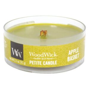 WoodWick - vonná svíčka Petite, Apple Basket (Košík s jablky) 31g (Křupavé hrušky a šťavnatá jablka a broskve, právě utržené v sadu, se mísí v jedinečné kompozici s květinovými nuancemi šeříku a jasmínu.)