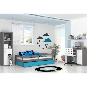 Dětská postel HARRY s barevnou zásuvkou+matrace, 180x80, šedá/modrá