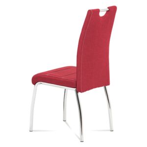 Jídelní židle, červená látka, bílé prošití, kov chrom