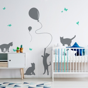 Elisdesign Nástěnná samolepka - stínové obrázky - kočky s balonky barva kočky: šedá, barva doplňky: lila