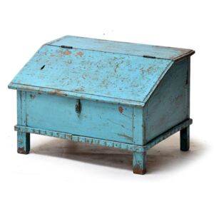 Starý kupecký stolek z teakového dřeva, tyrkysová patina, 64x49x45cm