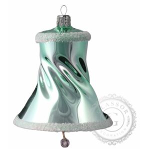 Skleněný zvoneček tyrkysový s bílým zdobením
