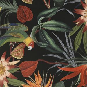 Vliesová tapeta Exotické květiny, listy a papoušci 108602, Parrot Black, Paradise, Graham & Brown, rozměry 0,52 x 10 m