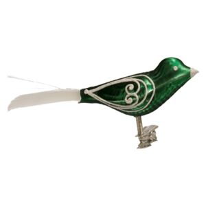 Skleněný ptáček zelený s bílým dekorem