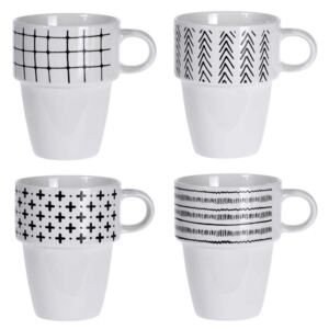 Sada porcelánových šálků na stojanu, 4 bílé šálky na kávu zdobené moderním designem