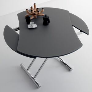 SIMPLE ROUND - Multifunkční rozkládací stůl COMPAR (Výškově nastavitelný stůl (výška 26/83 cm), s chromovanými nebo matnými kovovými nohami. Obdélníková (83x120 cm) speciálně tvarovaná deska, rozkládací z kulatého tvaru (průměr 120 cm), v jasně bílé lakov