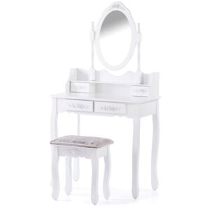 Toaletní stolek Glamour s pohyblivým zrcadlem 3 šuplíky a elegantním taburetem Bílý BRONTE
