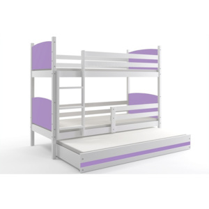 Patrová postel BRENEN 3 + matrace + rošt ZDARMA, 90x200, bílý, fialová