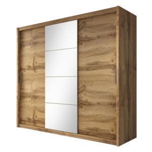 Šatní skříň 235 cm s posuvnými dveřmi v dekoru dub wotan se zrcadlem F1465