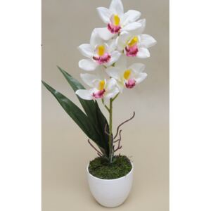 Umělá květina Cymbidium v květináči, bílá, 55cm