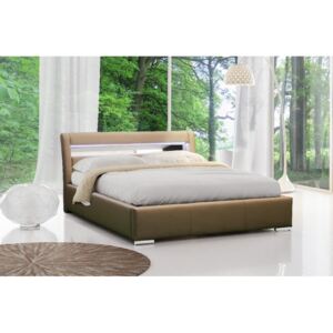Čalouněná postel Lexi s úložným prostorem a osvětlením světle hnědá eko kůže 180 x 200