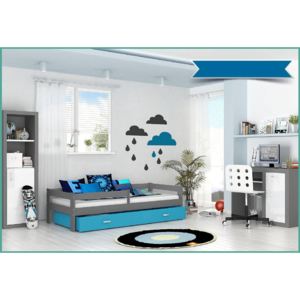 Dětská postel HUGO s barevnou zásuvkou+matrace, 80x160, šedý/modrý