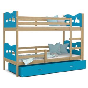 Dětská patrová postel se šuplíkem MAX R - 200x90 cm - modrá/borovice - vláček