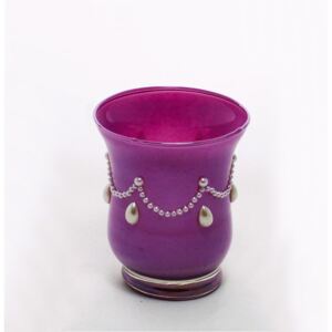 Skleněný svícen na čajovou svíci v barvě Lila s dekorem bílých perliček
