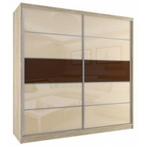 Šatní skříň s béžovými posuvnými skleněnými dveřmi s hnědým pruhem šířka 200 cm dub sonoma korpus - Bez dojezdu