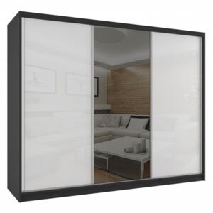 Luxusní šatní skříň s posuvnými skleněnými dveřmi se zrcadlem šířka 235 cm černý korpus 75 Černá - Bílá