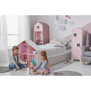 Vingo Dětská sestava | bílý stůl, růžová skříň, šedý zásuvkový kontejner