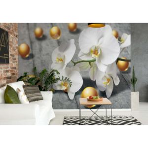Fototapeta - Abstract 3D Design Yellow Balls Orchids Vliesová tapeta - 206x275 cm
