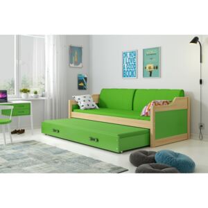 Dětská postel Josef - 2 osoby, 80x190 s výsuvnou přistýlkou – Borovice, Zelená