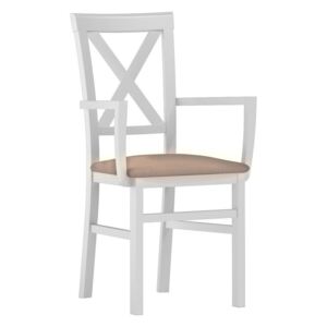 Szynaka Jídelní dřevěná židle v bílé barvě s čalouněným sedákem v béžové látce typ 102 KN1181