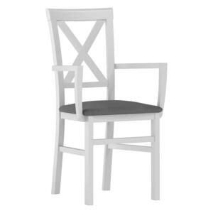 Szynaka Jídelní dřevěná židle v bílé barvě s čalouněným sedákem v šedé látce typ 102 KN1181
