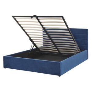 Sametová dvoulůžková postel s úložným prostorem, námořnická modrá, 160x200 cm, LANDES