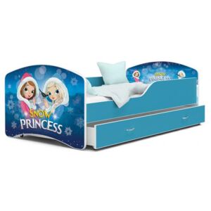 Dětská postel IGOR 80x140 cm v modré barvě se šuplíkem SNĚŽNÉ PRINCEZNY