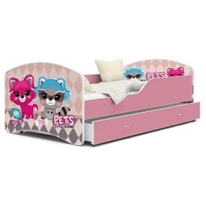 Dětská postel IGOR 80x140 cm v růžové barvě se šuplíkem ZVÍŘATKA