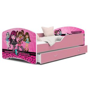 Dětská postel IGOR 80x140 cm v růžové barvě se šuplíkem PŮLNOČNÍ ŠKOLA