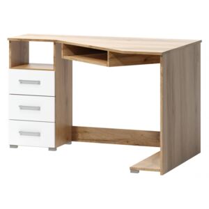 Rohový psací stůl v jednoduchém designu v kombinaci dekoru dub wotan a bílé barvy F1461