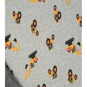 Teplákovina počesaná Warmkeeper - Bagry na šedé (Happy fleece - Warmkeeper)