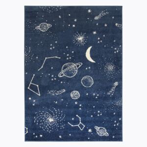 Dětský kusový koberec EMILY KIDS 5865A Vesmír Měsíc Planety Modrý Rozměr: 60x100 cm